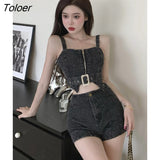 Korean Denim Sexy Club 2 Pieces Outfits Women Strap Backless Short Crop Tops Shirt Blouse Shorts Mujer Slim Sets