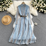 Autumn French Hollow Dress Elegant Long Sleeve O Neck Belt A-line Dresses Fashion Streetwear Women Dress 2021