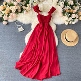 Sexy High Waist Slash Neck Women Long Dress Elegant Big Swing A-line Vestidos Verano Vintage Green/Red Party Robe For