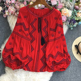 Autumn Floral Embroidery Blouses Female Boho Casual O Neck Loose Shirts Women Fashion Retro Long Sleeve Blusas Mujer