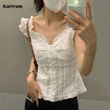 Korean Fashion Lace T-shirt Grunge Fairycore Corset Tops V-neck Patchwork Y2k Tops Kawaii Puff Sleeve Tee Shirt