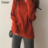Winter Turtleneck Vintage Sweaters For Women Turtle Neck Solid Outdoor Striped Loose Thick Warm Jumpers Female Knitted