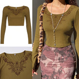 Rockmore Vintage Print T-shirt Women Aesthetic Long Sleeve Crop Top Autumn E Girl Casual Basic Tee Shirt 90s Grunge