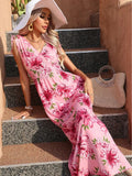 Fashion Floral Printed Long Dress For Women Sleeveless Elastic Waist Beach Dress Women 2023 New V-Neck Holiday Boho