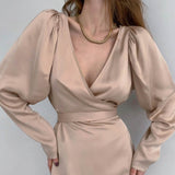 Graduation party Sexy Puff Sleeve Cross Party Dress Female Deep V-Neck Side Split Belt Satin Long Dresses For Women Empire