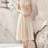 New Spring Woman Dress Beige Lace O-neck Casual High Waist Mesh Maxi Dresses Female Vestido Runway Design