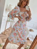 Graduation party Muiches Square Collar Printing Flower Dress Spring Casual Lantern Sleeve Lace Loose A Line Midi Dresses For Women