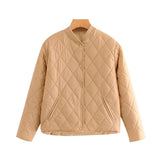 Women Fashion Argyle Loose Padded Jacket Coat Vintage Long Sleeve Side Pockets Female Outerwear Chic