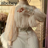New Fashion autumn Women's Sweet Beads Bubble Sleeve Pearls Button Gauze Blouses Ladies Elegant Mesh Shirt Blusas
