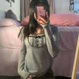Y2K Grey Sweaters Frill Pearl Sweet Cute Jumpers Prepply Full Sleeve Bow Pullovers Women Vintage Grunge Knitwear