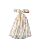 One-Word Shoulder-Scaring Dress Women's Summer Gentle Wind To Close The Waist Mashed Flowers Bubble Sleeve Yarn Fairy