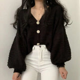 Party Sannian Women Weater Simple V-neck Big Button Loose Solid Color Lantern Sleeve Short Knit Cardigan Sweater Women Tops