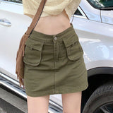 Vintage Y2k Green Cargo Skirt Women Retro Streetwear 90s Pocket Patchwork High Waist A-line Denim Mini Skirt