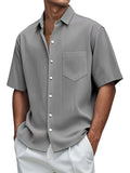 New Men's Solid Color Loose Comfortable Buffly Striped Short-Sleeved Button