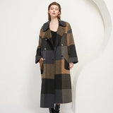 Women Vintage Plaid Woolen Long Coat With Pockets Double Breasted Fashion Overcoat Female Batwing Long Sleeve Wool