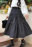 Kawaii Black Long Skirts Women Lolita White Patchwork High Waisted Midi Skirt Autumn Japanese Soft Girl Preppy
