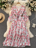 Women Chiffon Floral Dress Korean V Neck Short Sleeve Belt A-line Dress Summer Boho Print Ruffles Beach Midi
