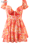 2023 Summer Chic Sexy Mini Dress Woman Chiffon Printed Ruffled Puff Sleeve Square Collar Lace Hollow Holiday Short