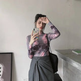Pink Tie Dye Mesh Tops Women Spring Autumn Y2k Basic Top E-girl Harajuku Aesthetic Long Sleeve T-shirt Streetwear