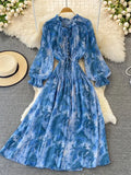 Autumn Women Printed Long Dress Vintage Ruffle Stand Collar Puff Sleeve High Waist Elegant Maxi Robe Female Big Swing
