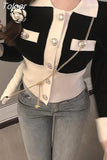 Cropped Cardigan Women Temperament Knitted Sweater Turn-down Collar Long Sleeve Sueter Mujer Contrast Color Coat