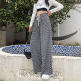 New Summer Checkerboard Plaid Wide Legged Women's Pants Spring Vintage High Waist Loose Lace Up Casual Trousers