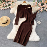 Beading Knitted Women Sets Loose Long Sleeves Sweater+ Solid Elastic Dress French Style Casual Two Piece