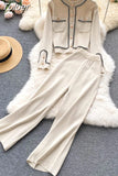 Autumn Korean Fashion Casual Knit Two Piece Set Women Sweater Cardigan Crop Top + Wide Leg Pant Suits Tracksuit 2 Piece