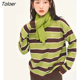 Women Sweater 2022 Winter Long Sleeve O Neck Loose Knitted Pullover Green and Coffee Stripe Warm Casual Chic
