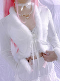 Casual Aesthetic Fuzzy Patchwork Lace-up Knitted Cardigan White Coquette Aesthetic Long Sleeve Tops Y2K Cute