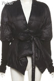 Black Woman Winter Coats 2023 Thick Warm Jacket Waist Down Cotton Padded Outwear with Belt Women's Parka Loose