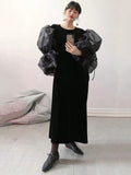 Women Black Big Size Velour Dress New Round Neck Organza Puff Sleeve Loose Fit Fashion Tide Spring Autumn 2023