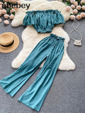 Summer Green/Black/Red Two Piece Set Women Sexy Slash Neck Short Tops + High Waist Wide Leg Pants Female Suit