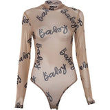 Summer Sexy Letter Print Transparent Mesh Bodysuits Long Sleeve See Through Baby Bodycon Rompers Women