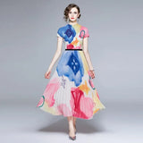 Fashion Women Skirt Suit 2022 Summer Printed Short Sleeve Stretch Pullover Top + High Waist Pleated Midi Skirt Two-Piece