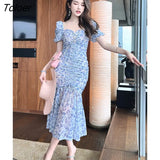 Elegant Women Evening Dress Sexy Casual Floral Square Collar Skinny Pleated Midi Club Vacation Robe Femme Mujer