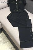 Women Golden Button Hollow Out Knitting Tops + Wide Leg Pants 2Pcs Sets Casual Short Sleeve Tops Knitwear Trousers