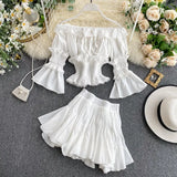 Spring Summer Long Flare Sleeve Slash Neck Slim Tops Short Mini Pleated Skirt Women Two Piece Set Outfits