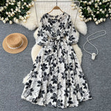 Retro Fashion Print Dress Women Loose Strap To The Waist Thin A Word Big Pendulum Long