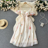 One-Word Shoulder-Scaring Dress Women's Summer Gentle Wind To Close The Waist Mashed Flowers Bubble Sleeve Yarn Fairy