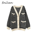 Brand Plaid Sweater Za Women Loose Casual Pockets Cardigan Winter Spring Outwear Female Tops Chandails 2021 Truien