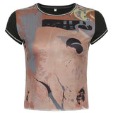 Rockmore Vintage Print Top Women Short Sleeve T-shirt Grunge Casual Basic Tee Aesthetic Streetwear E Girl O Neck T Shirt