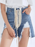 Streetwear Patchwork Tassel Shorts For Women High Waist Bandage Irregular Hem Denim Shorts Female Fashion New