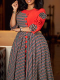 Women's New Fashion Elegant Round Neck Seven-Sleeve Print Spliced African