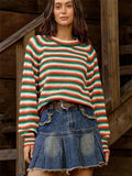 New Rainbow Striped Sweater Knitted Retro Round Long Sleeves