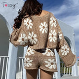 Tossy Knitted Women's 2 Piece Sets Outfits Casual Pink Floral Sweet Oversized Sweater Suit With Shorts For Women 2021