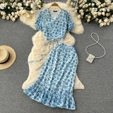 Summer Women Polka Dot Chiffon Two Piece Set Vintage V-Neck Bandage Short Tops + High Waist Mermaid Skirt 2Pcs Suits New