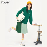 Women Dress 2022 Autumn Long Sleeves O Neck Irregular Hem Green Embroidery Pattern Casual Long