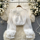 Shirt Female Design Sense Small Three-Dimensional Flower Bubble Sleeves To Reduce The Age Of Pure Color Chiffon Shirt Women's Long-Sleeved