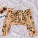 one-shoulder floral lace tie ruffled chiffon shirt female pleated was thin puff sleeve bottoming
